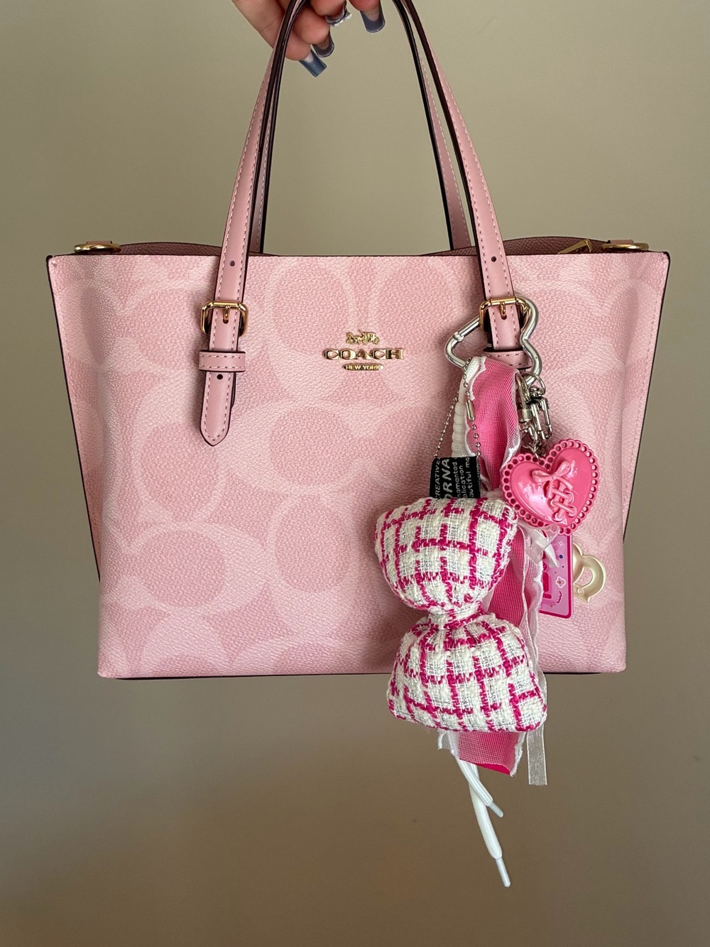 Pink Tweed Bow Keychain with Ribbon and Charms Keychain Bag Charm